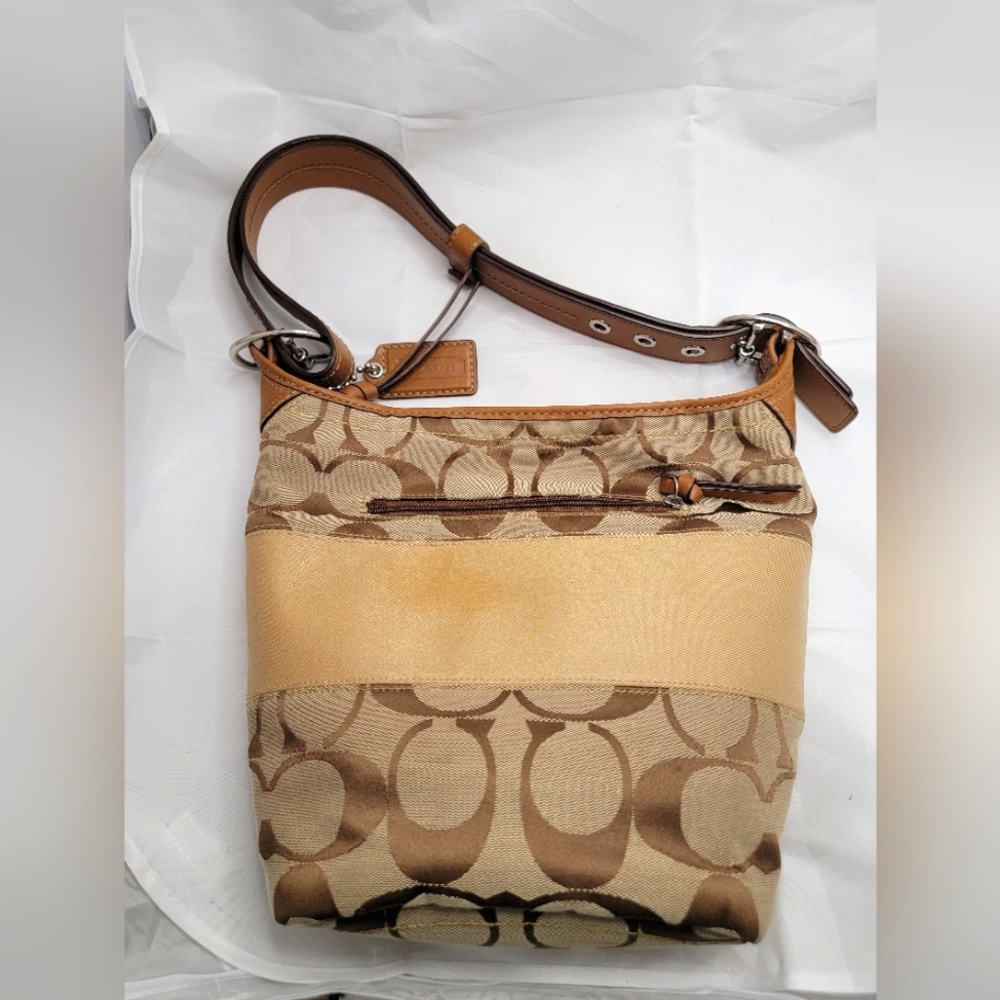 Coach Signature F13362 stripe shoulder bag rugby bucket tote